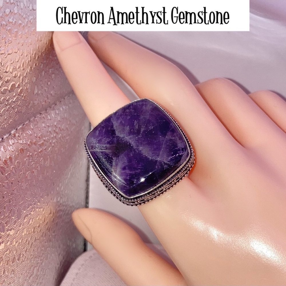 Huge Princess Cut Chevron Amethyst Gemstone Handmade Ring